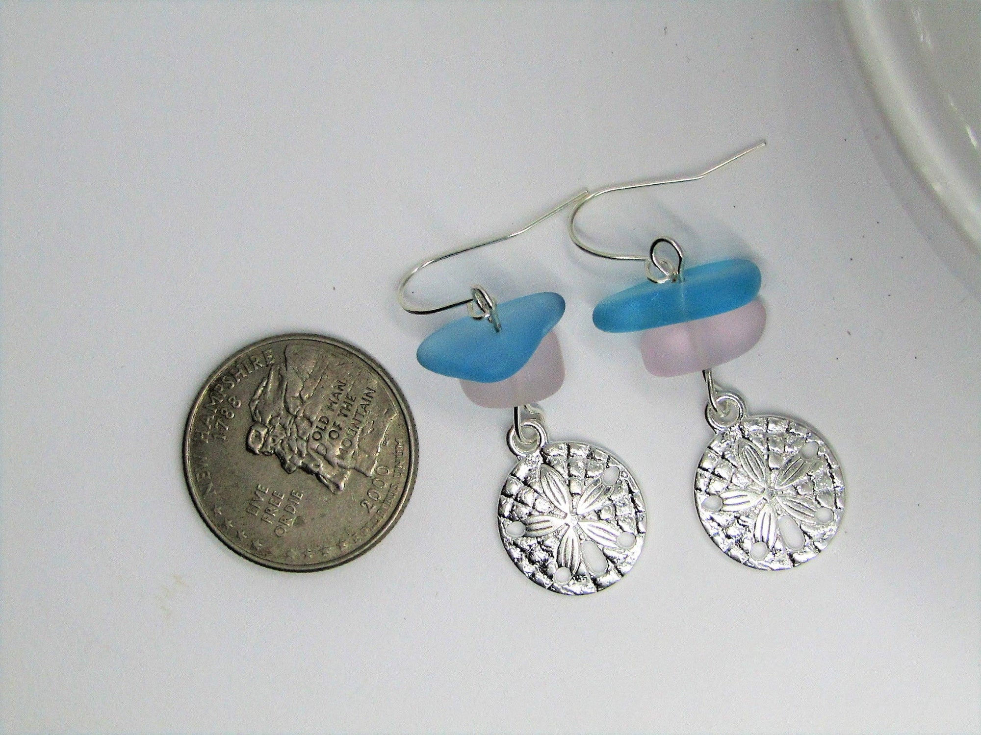 Pink & Blue Sea Glass Earrings, Sand Dollar Earrings