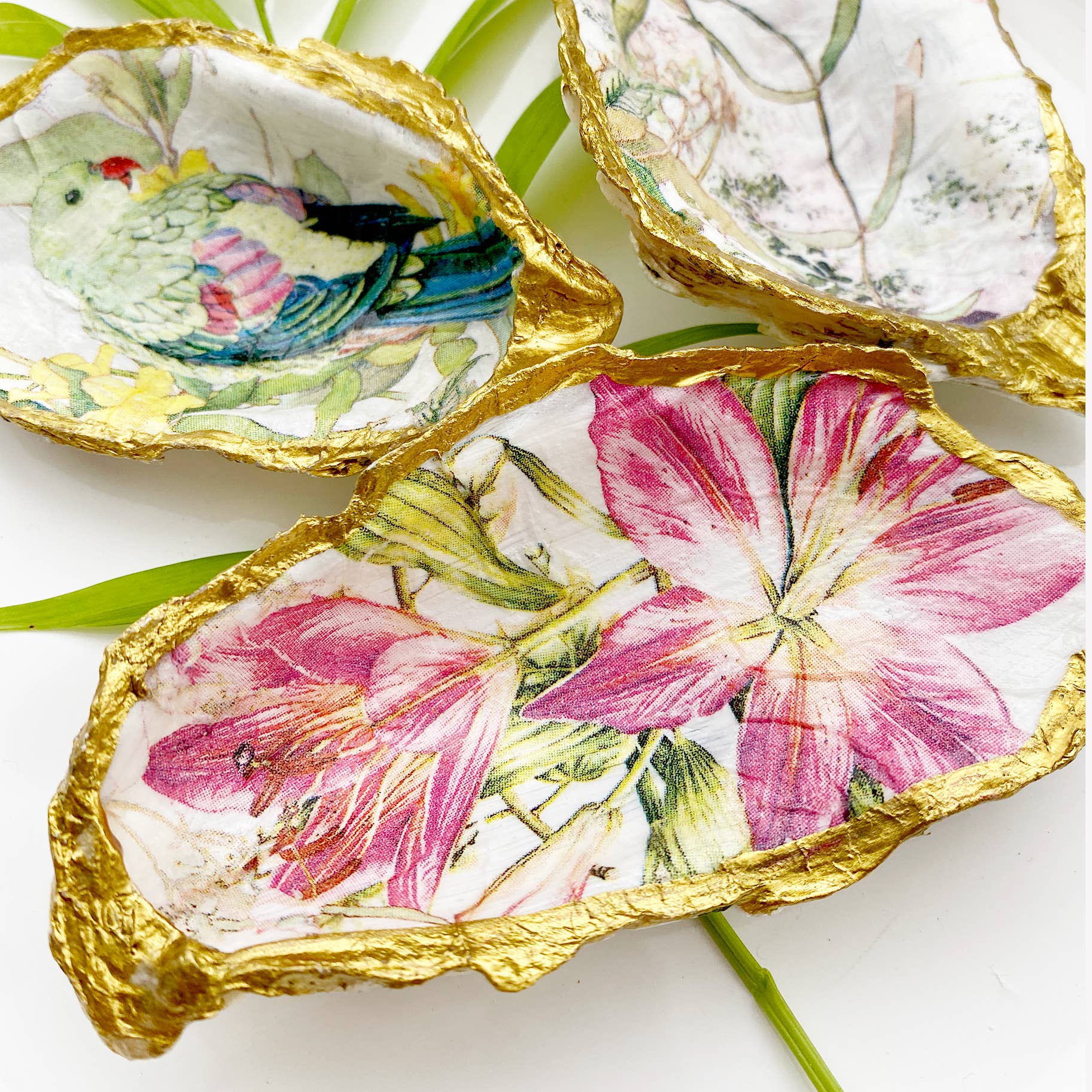 Tropical Pink Lily Decoupage Oyster Shell Trinket Dish