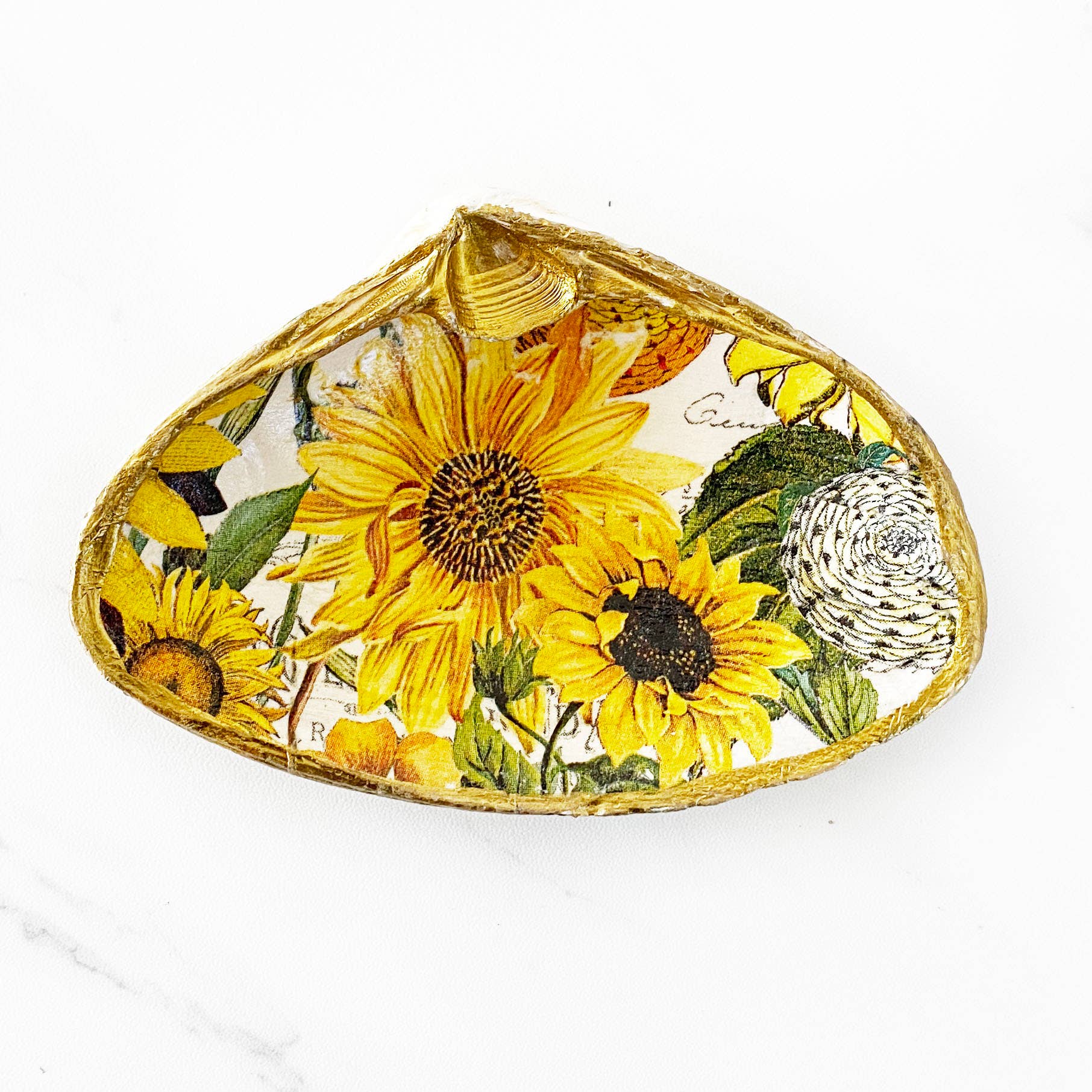 Yellow Sunflower Decoupage Clam Shell Trinket Ring Dish