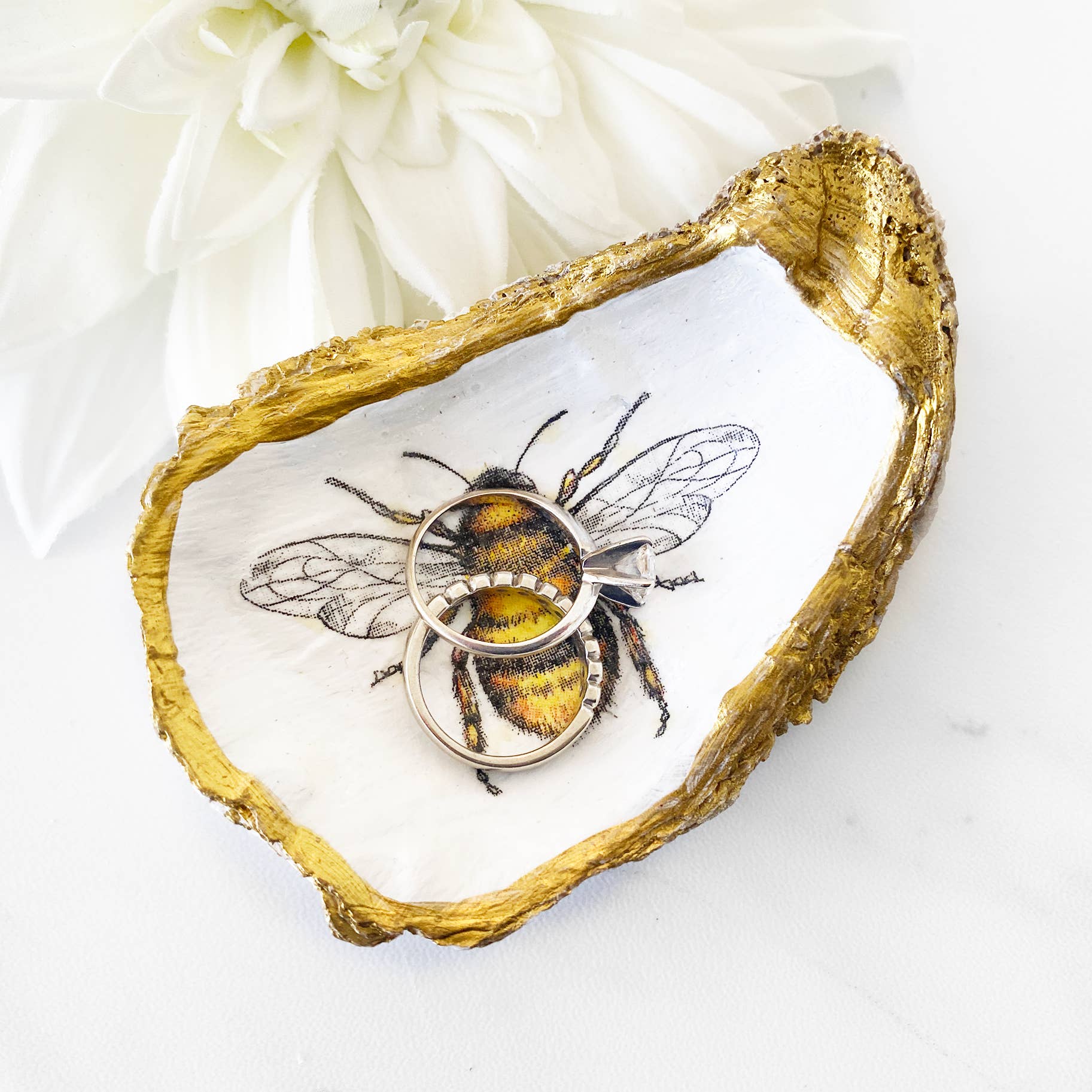 Honey Bee Decoupage Oyster Shell Trinket Dish