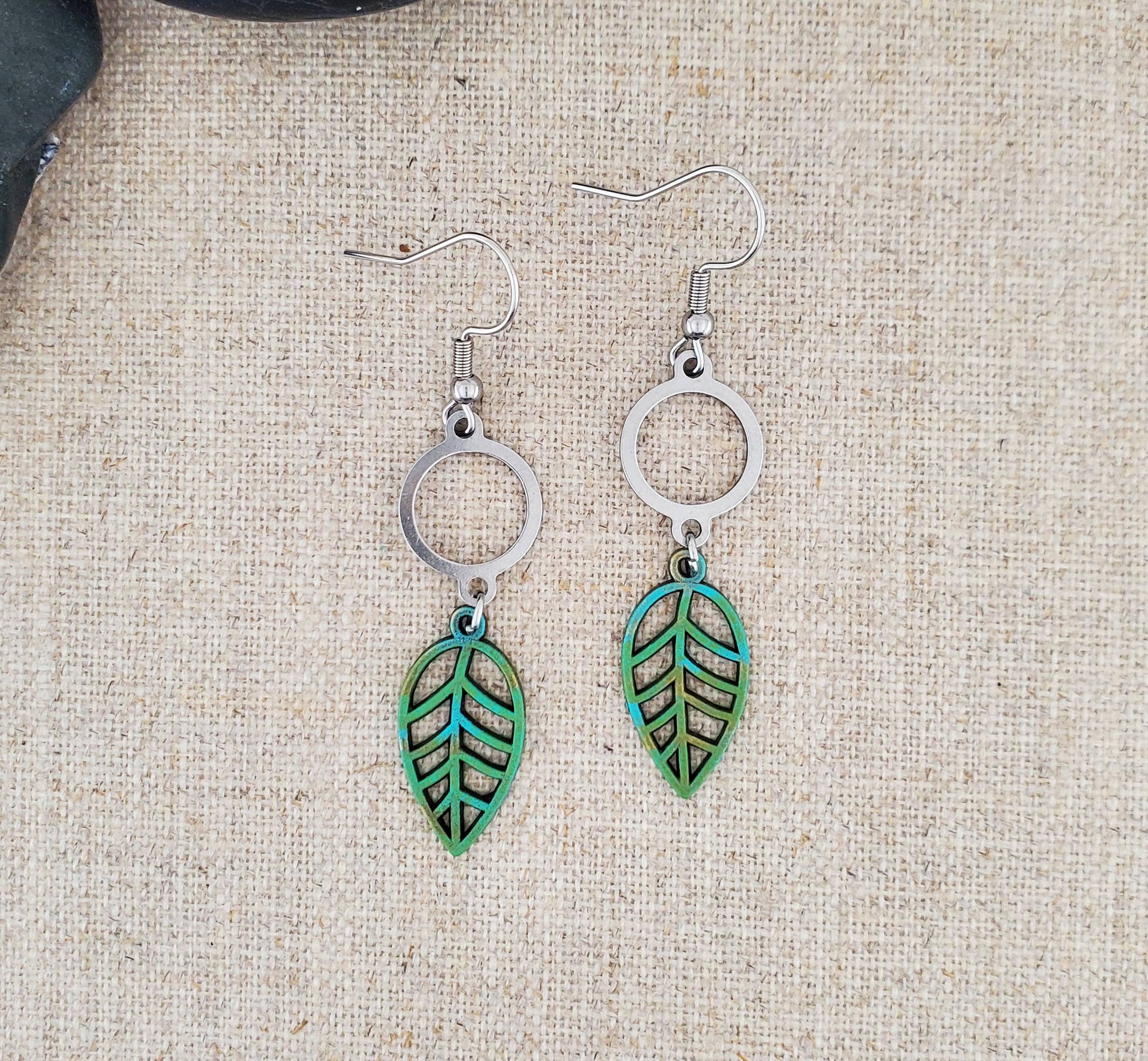 Brass Open Leaf Paint Patina  Stainless Connector Earrings