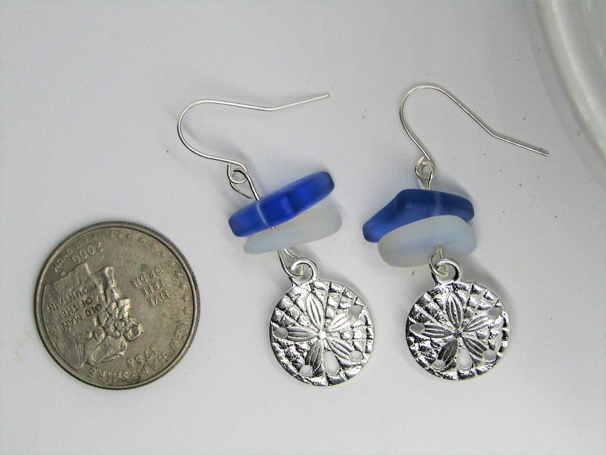 Moonstone Opal & Sapphire Blue Sea Glass, Sand Dollar Earrings