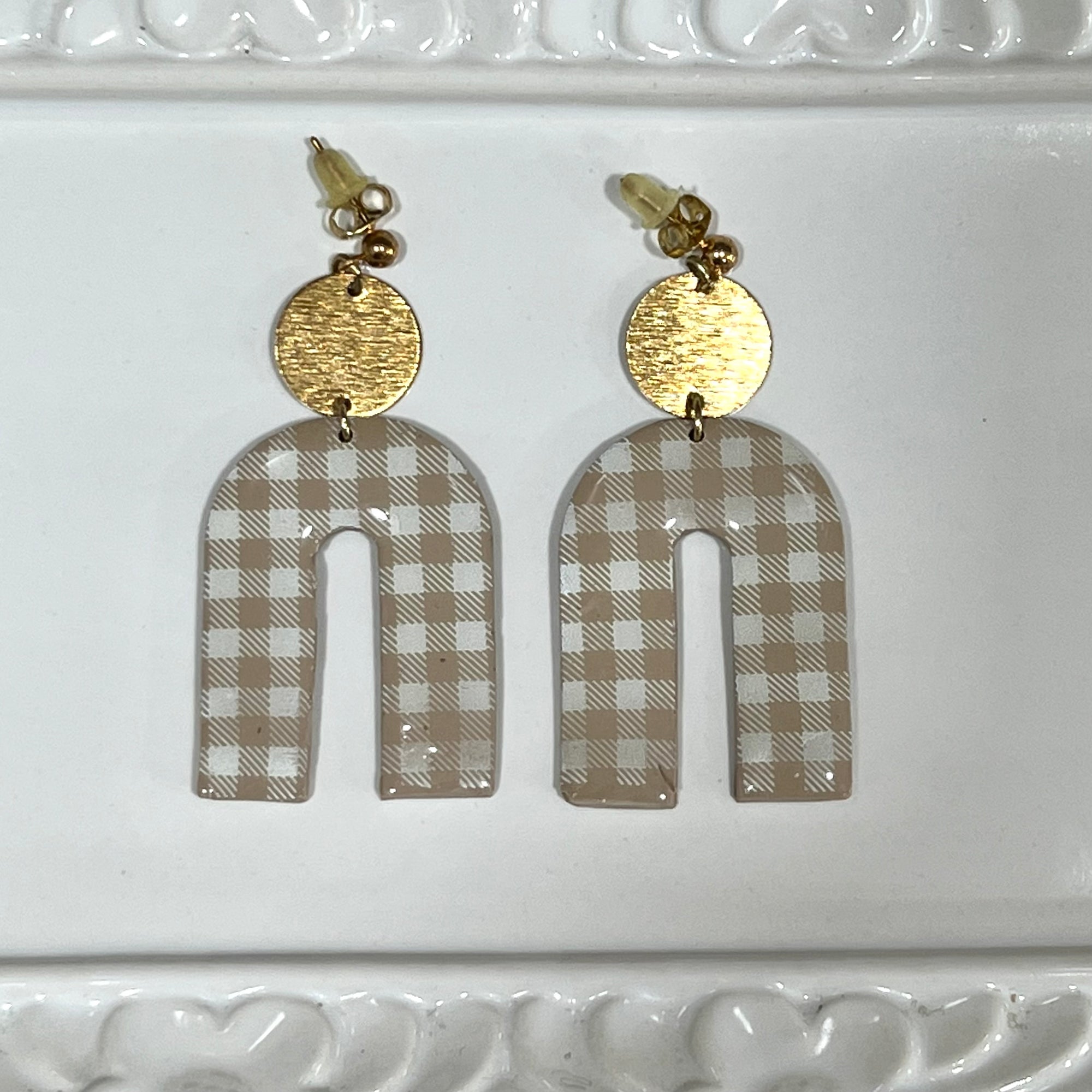 Tan & White Patchwork Earring