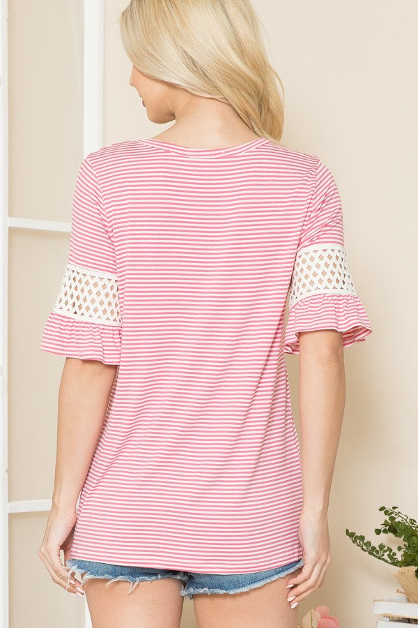 Pink & White Striped Bell Sleeve Top