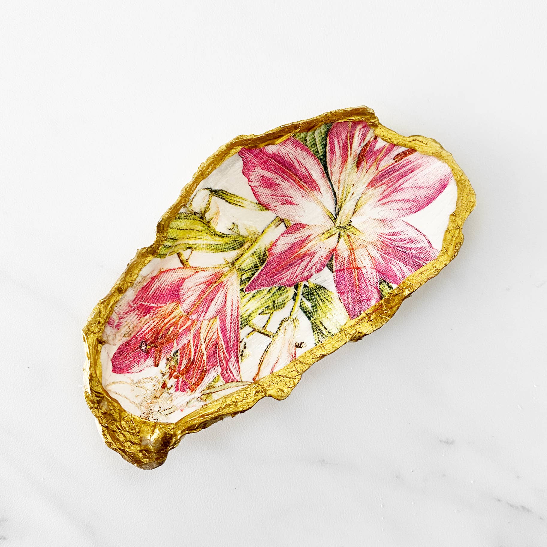 Tropical Pink Lily Decoupage Oyster Shell Trinket Dish