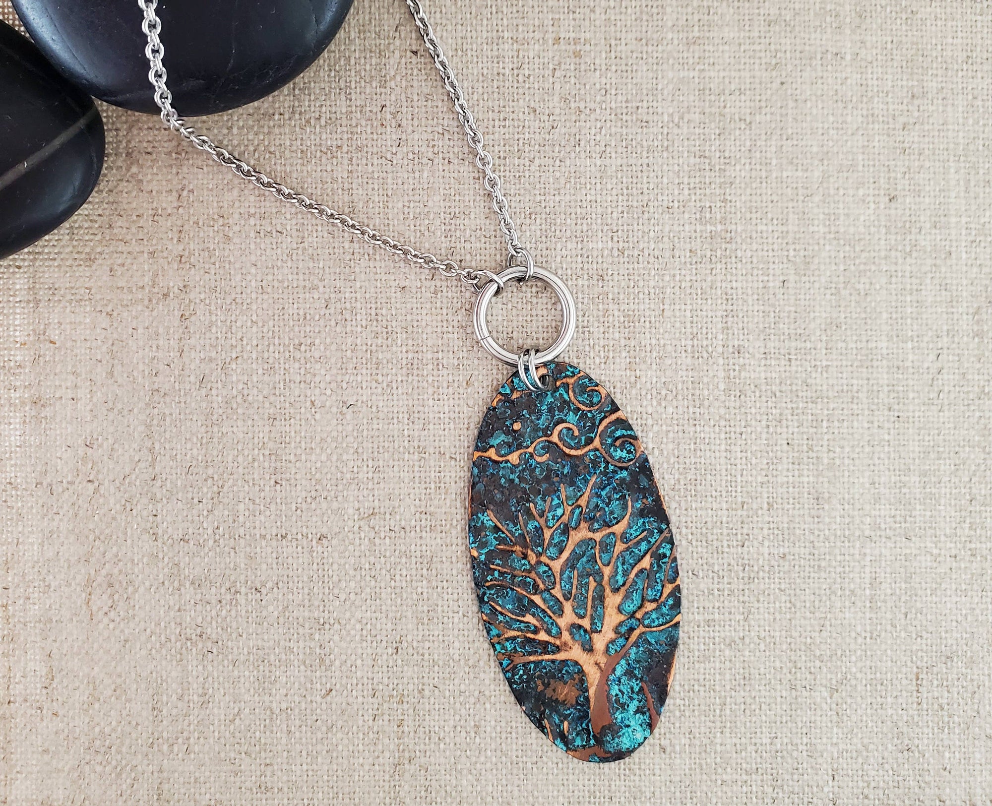 Natural Patina Emboss Long Oval Copper Tree Necklace