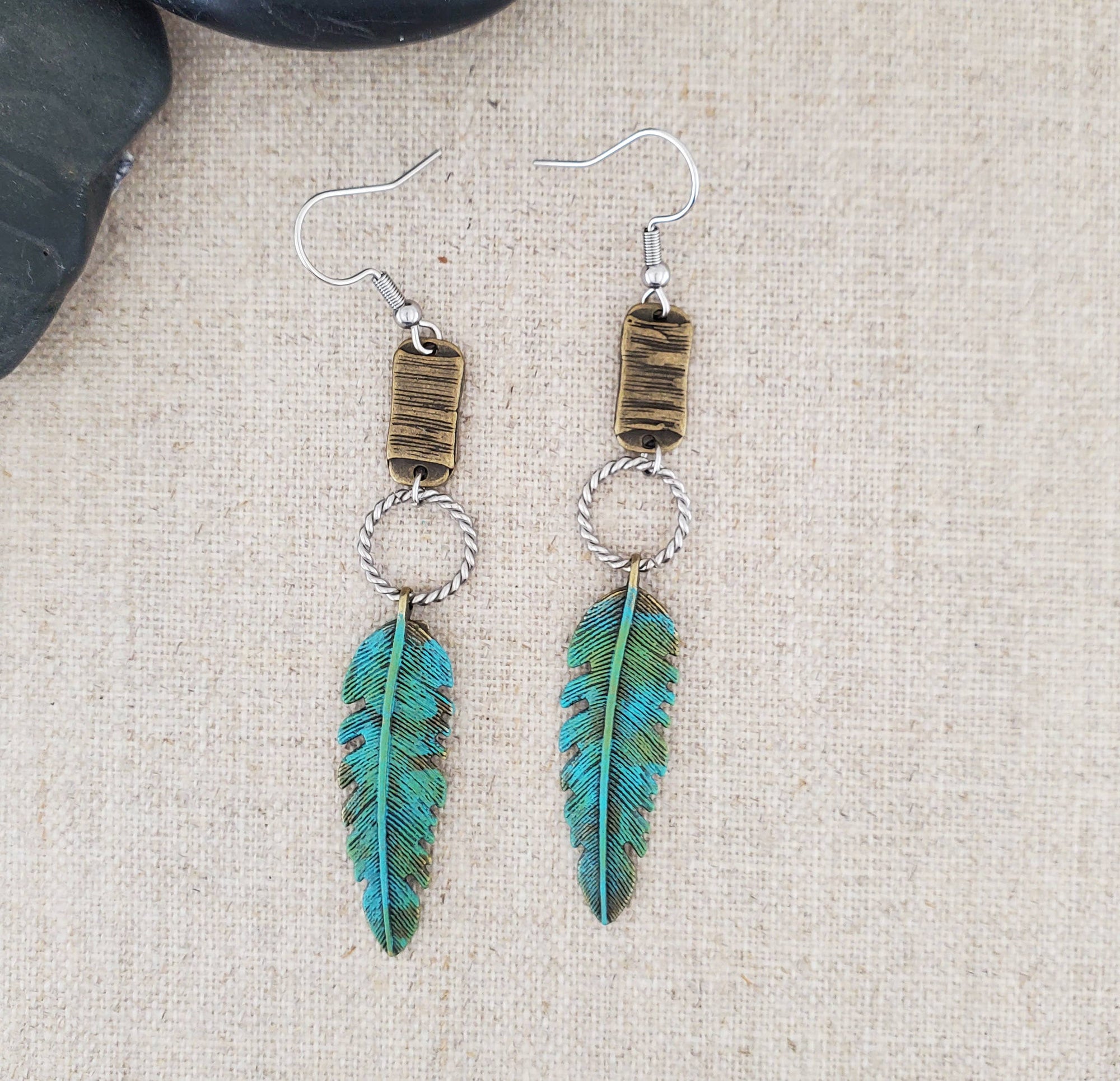 Brass Feather Paint Patina  Stainless Drop Earrings